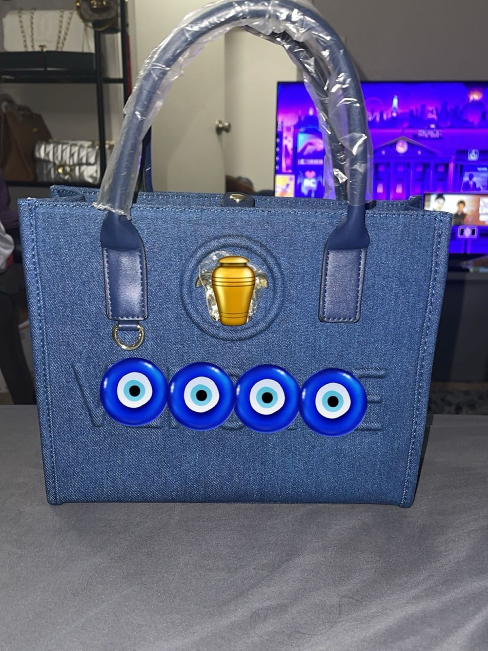 Blue Denim Tote Bag with Gold Accent women’s Bags
